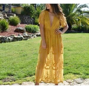 Wild Honey Mustard Yellow Lace Sheer Maxi Romper Size S